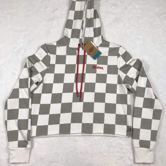 NWT DICKIES grey white red checker crop hoodie Sm - Picture 2 of 16